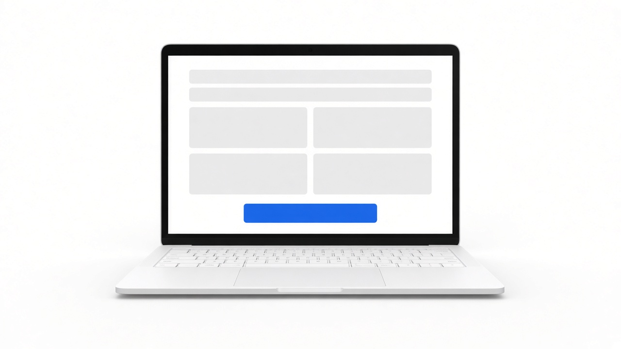 Ordinateur blanc, écran simple avec un seul bouton bleu