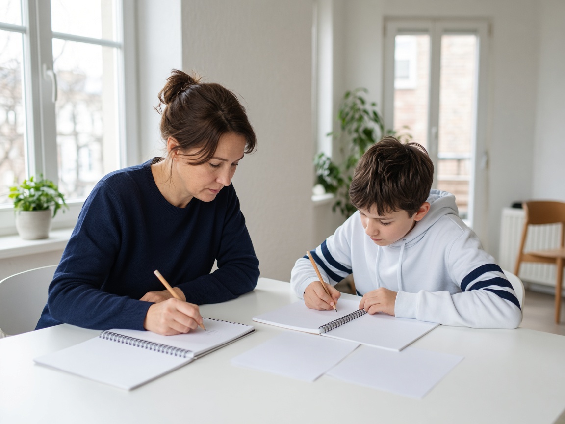 Parent et enfant autour de cahiers, table blanche
