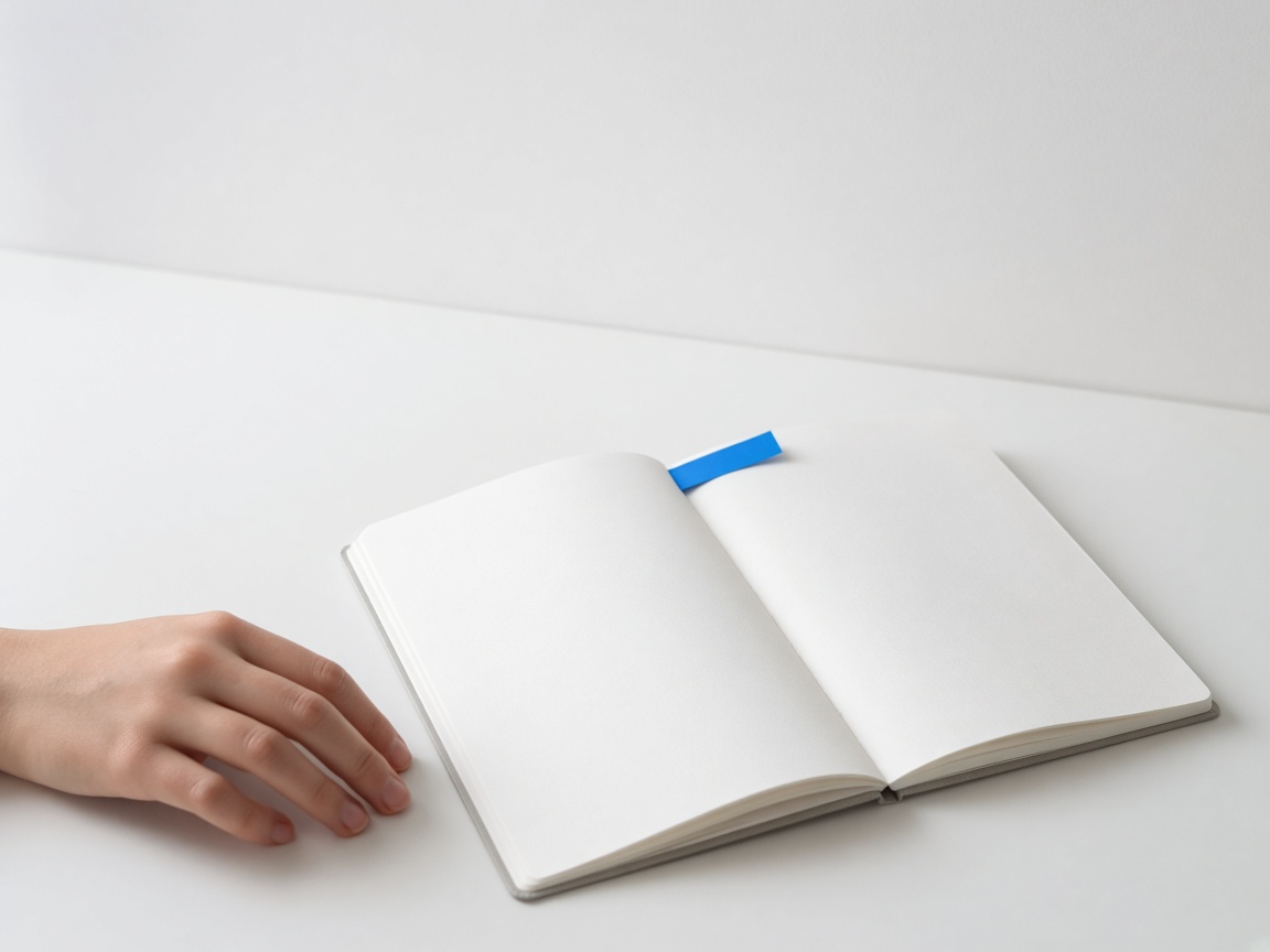 Cahier ouvert avec un onglet bleu, bureau blanc