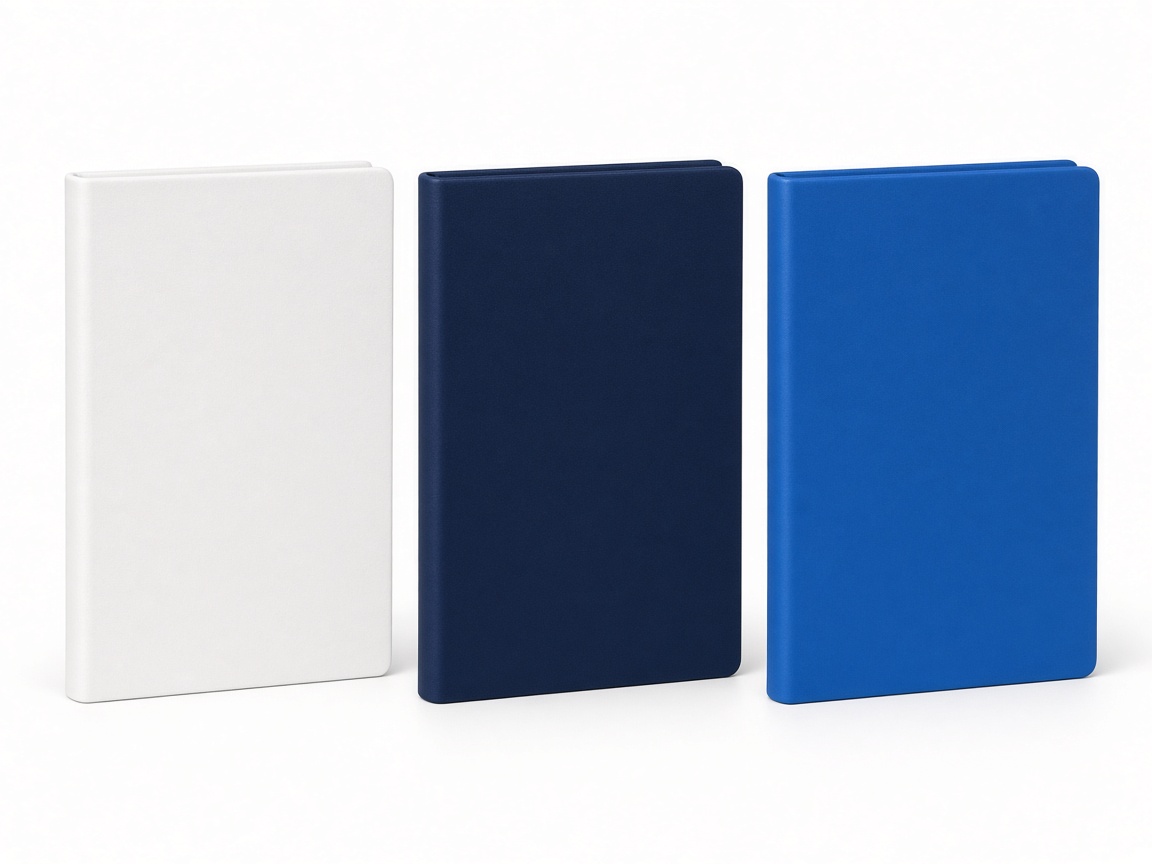 Trois cahiers, blanc, marine et bleu, sur fond blanc